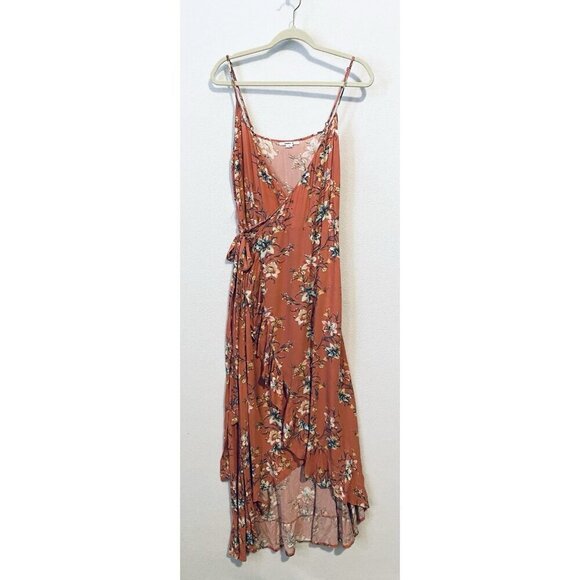 Oneill Viola Wrap Dress Womens Large Pink Floral Ruffle Hi Low Hem Boho Peasant - Picture 2 of 8